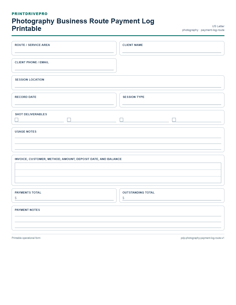 Photography Business Route Payment Log Printable preview