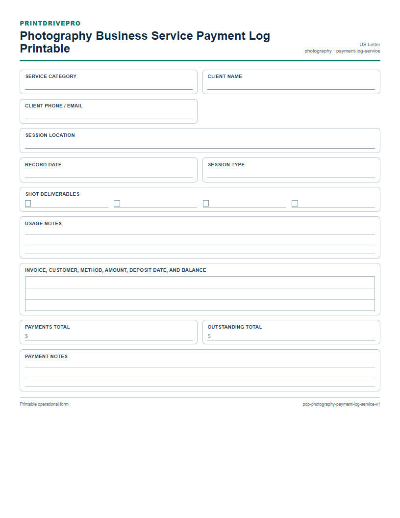 Photography Business Service Payment Log Printable preview