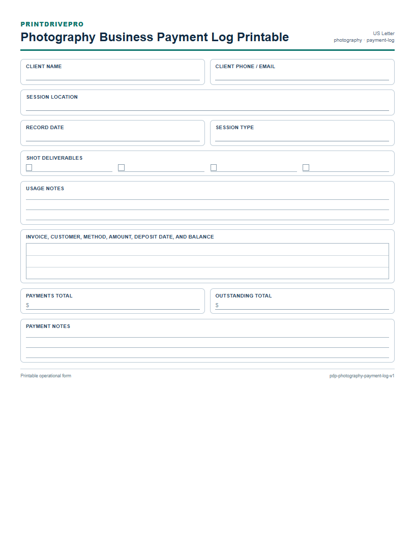 Photography Business Payment Log Printable preview
