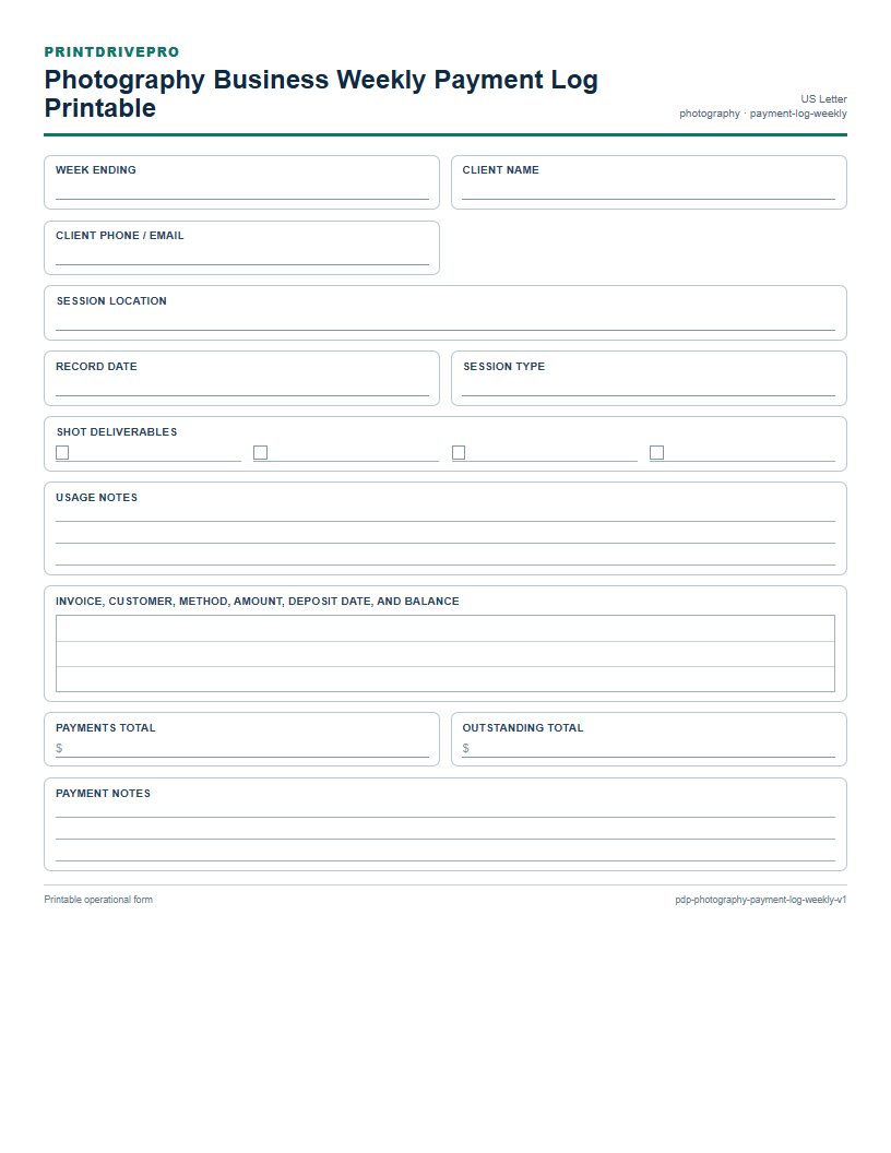 Photography Business Weekly Payment Log Printable preview