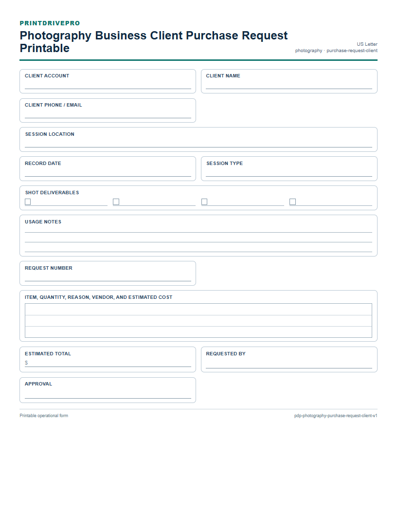 Photography Business Client Purchase Request Printable preview