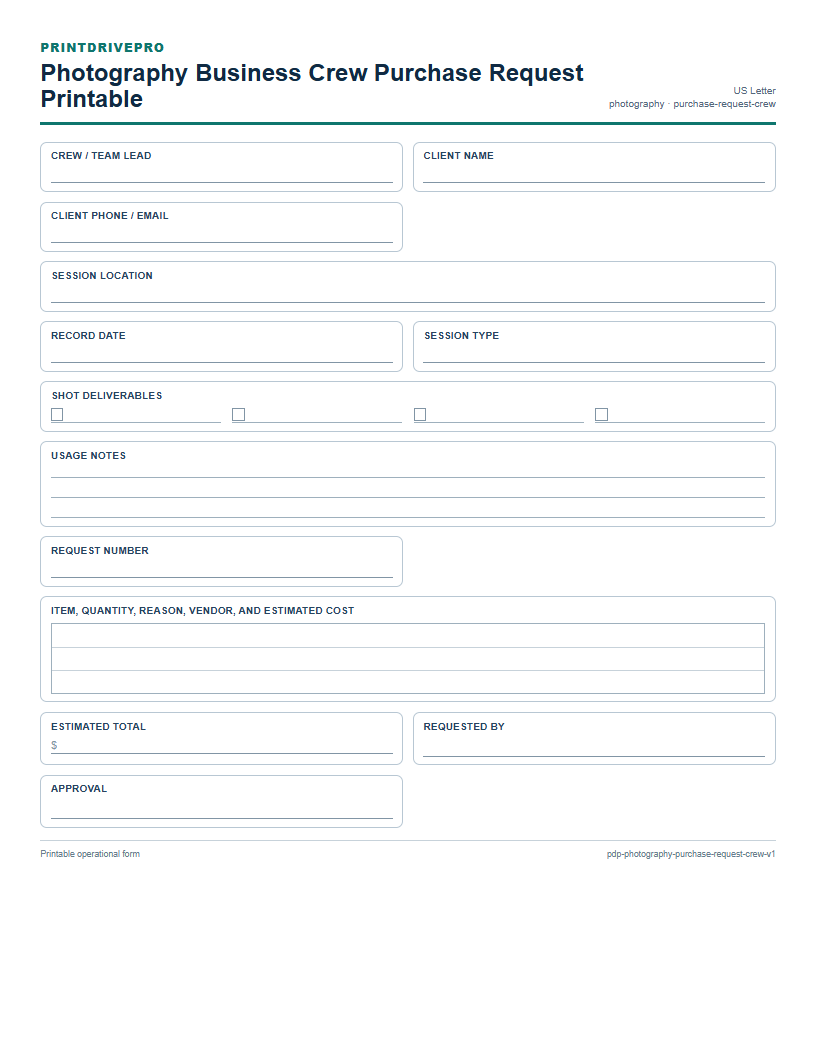 Photography Business Crew Purchase Request Printable preview