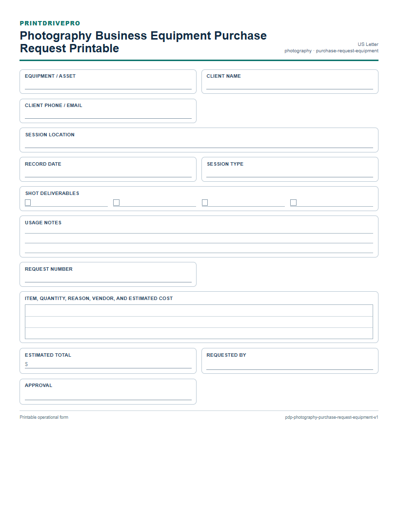 Photography Business Equipment Purchase Request Printable preview