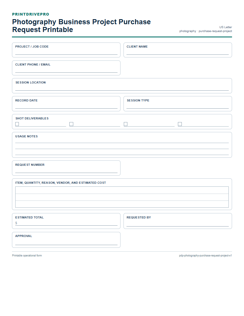 Photography Business Project Purchase Request Printable preview