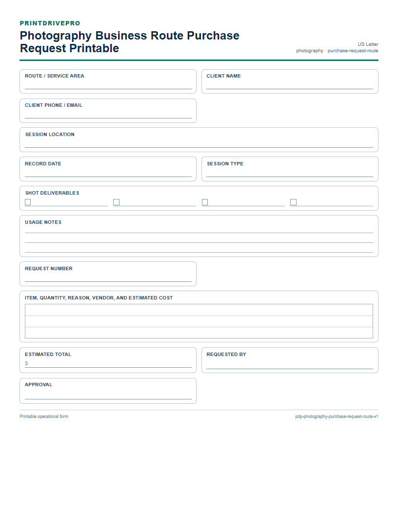 Photography Business Route Purchase Request Printable preview