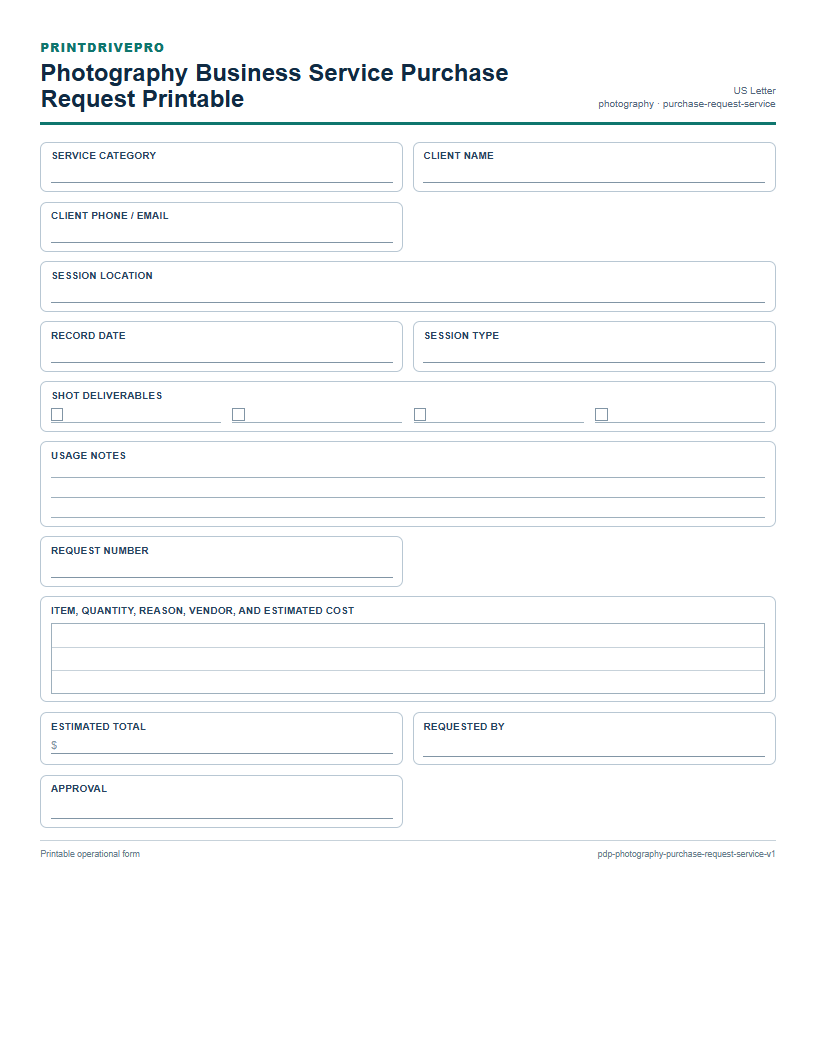 Photography Business Service Purchase Request Printable preview