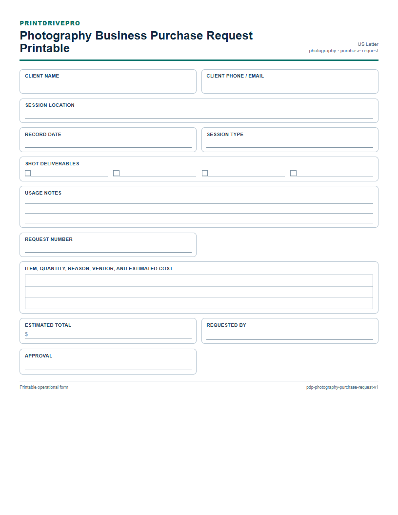 Photography Business Purchase Request Printable preview