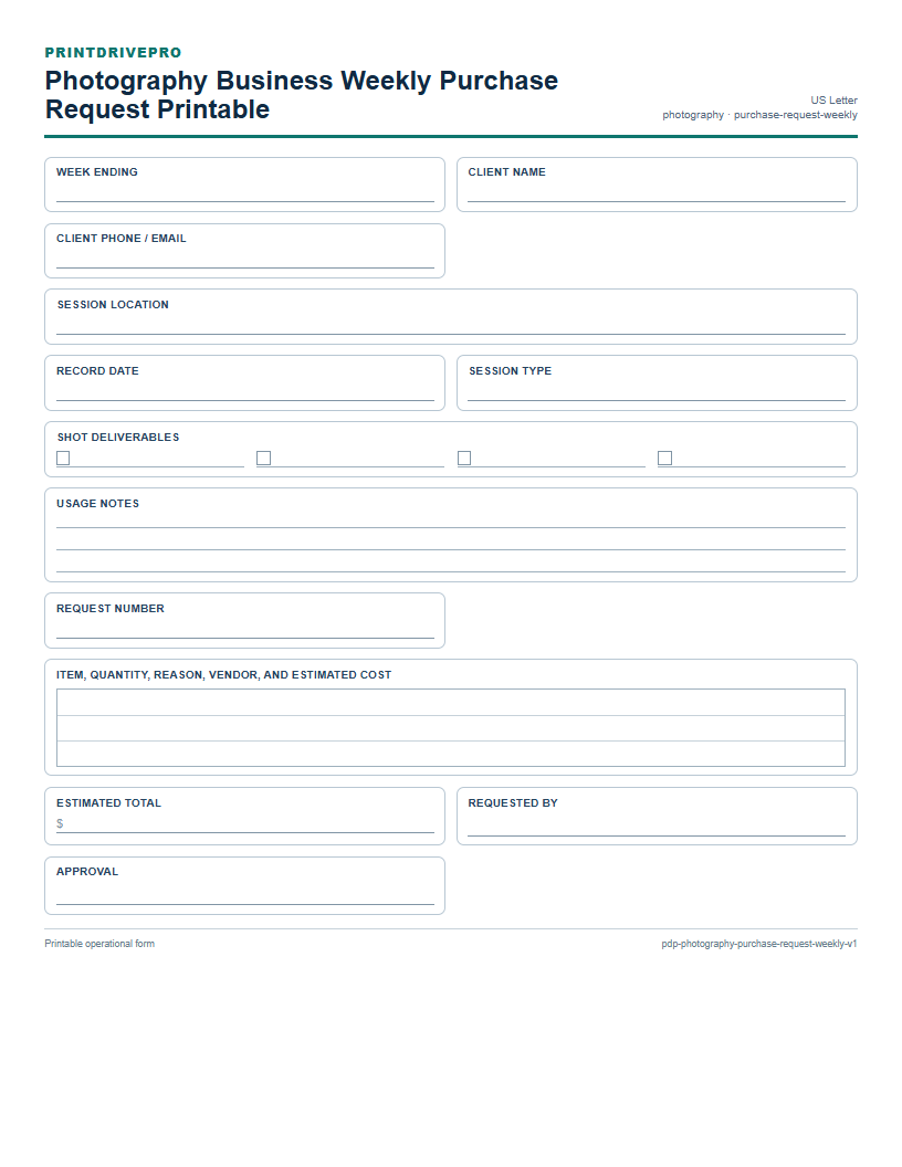 Photography Business Weekly Purchase Request Printable preview