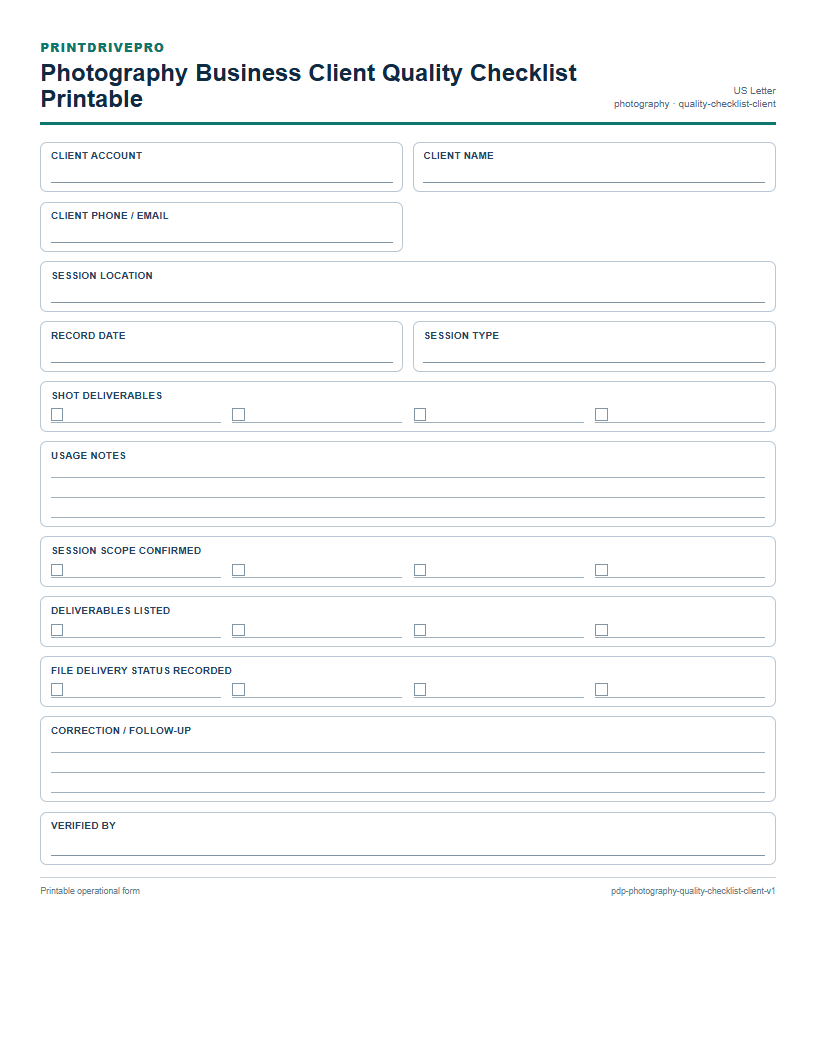 Photography Business Client Quality Checklist Printable preview