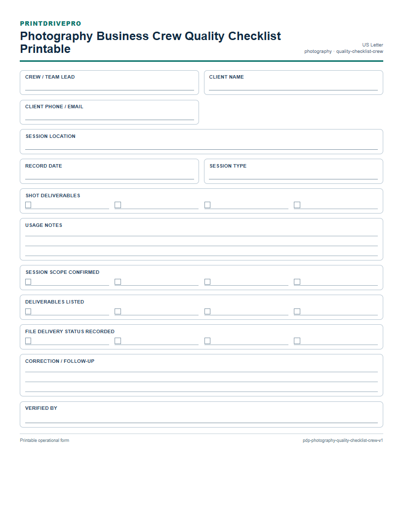 Photography Business Crew Quality Checklist Printable preview