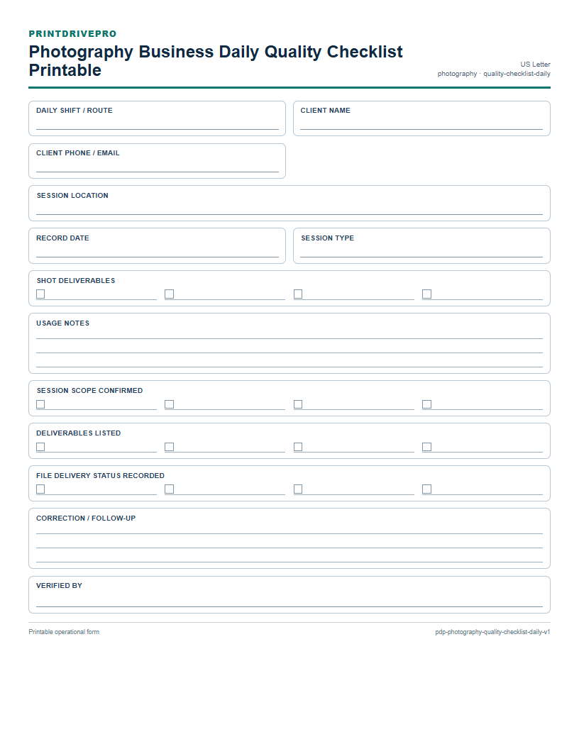 Photography Business Daily Quality Checklist Printable preview