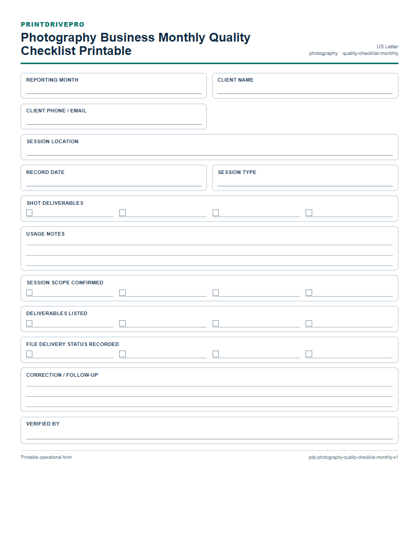 Photography Business Monthly Quality Checklist Printable preview