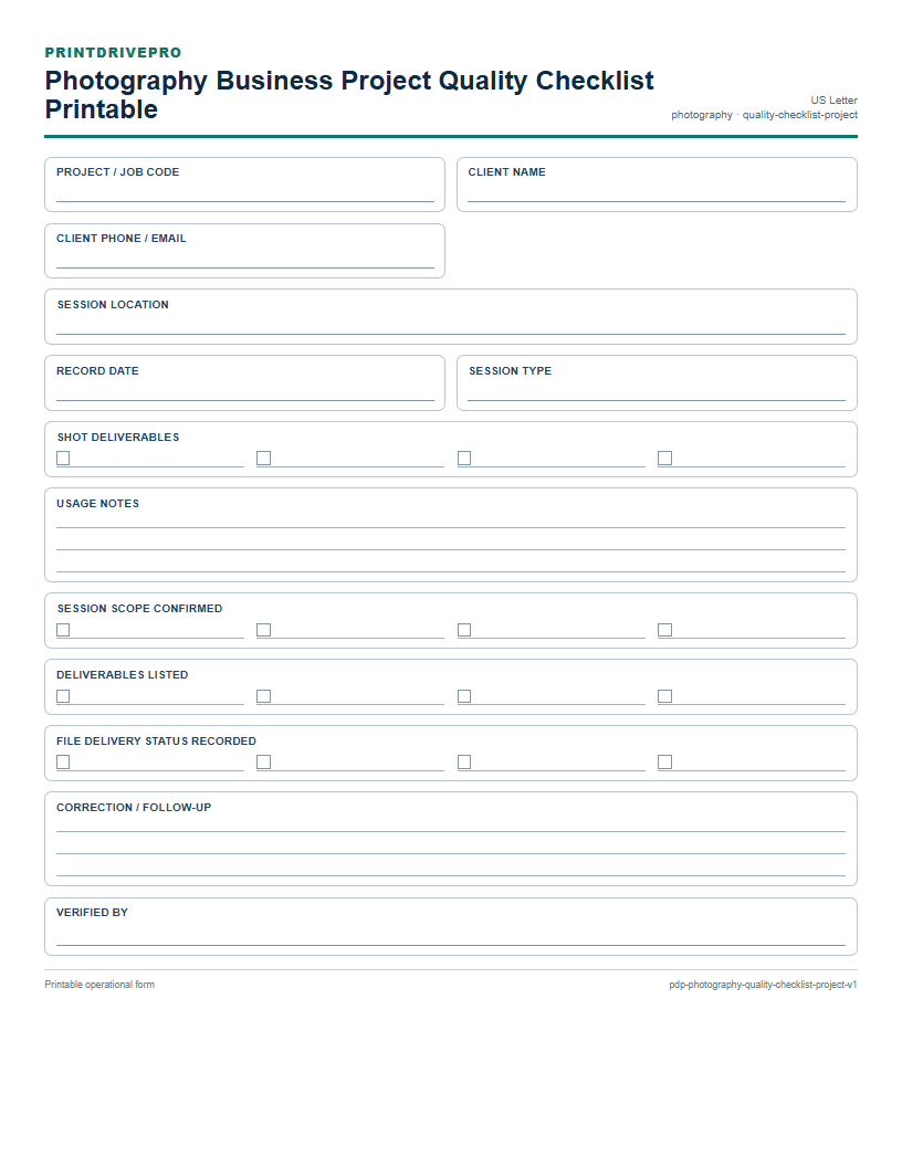 Photography Business Project Quality Checklist Printable preview