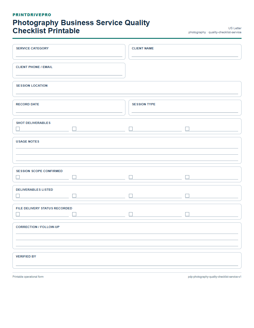 Photography Business Service Quality Checklist Printable preview