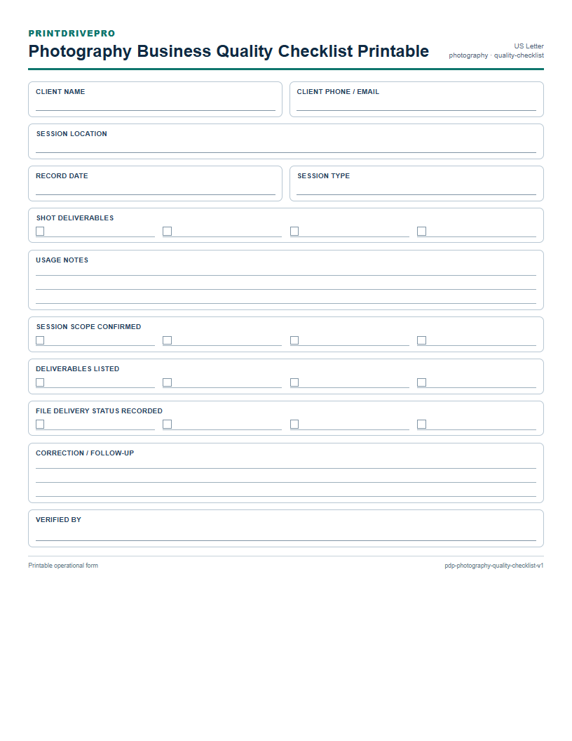 Photography Business Quality Checklist Printable preview