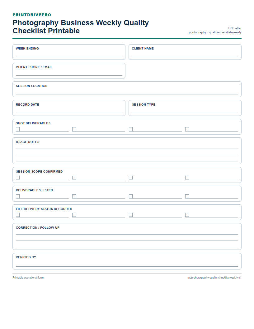 Photography Business Weekly Quality Checklist Printable preview
