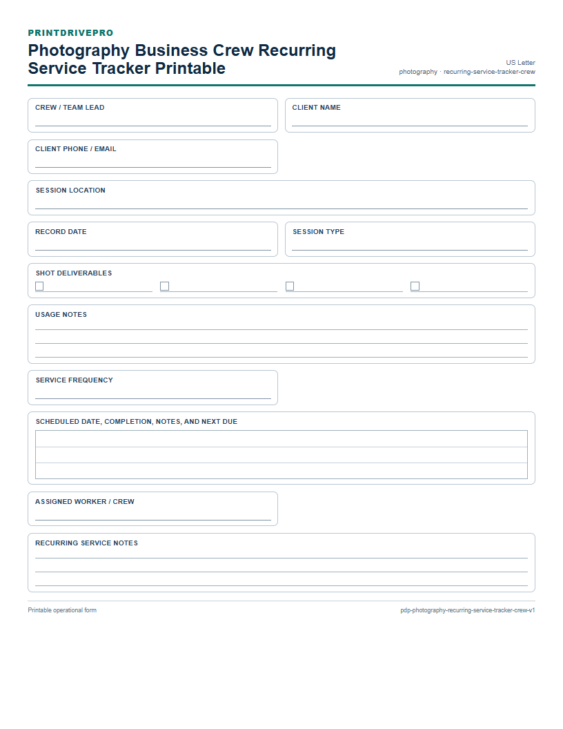 Photography Business Crew Recurring Service Tracker Printable preview