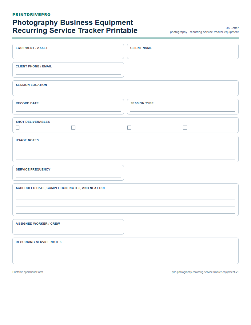 Photography Business Equipment Recurring Service Tracker Printable preview