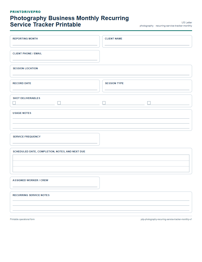 Photography Business Monthly Recurring Service Tracker Printable preview
