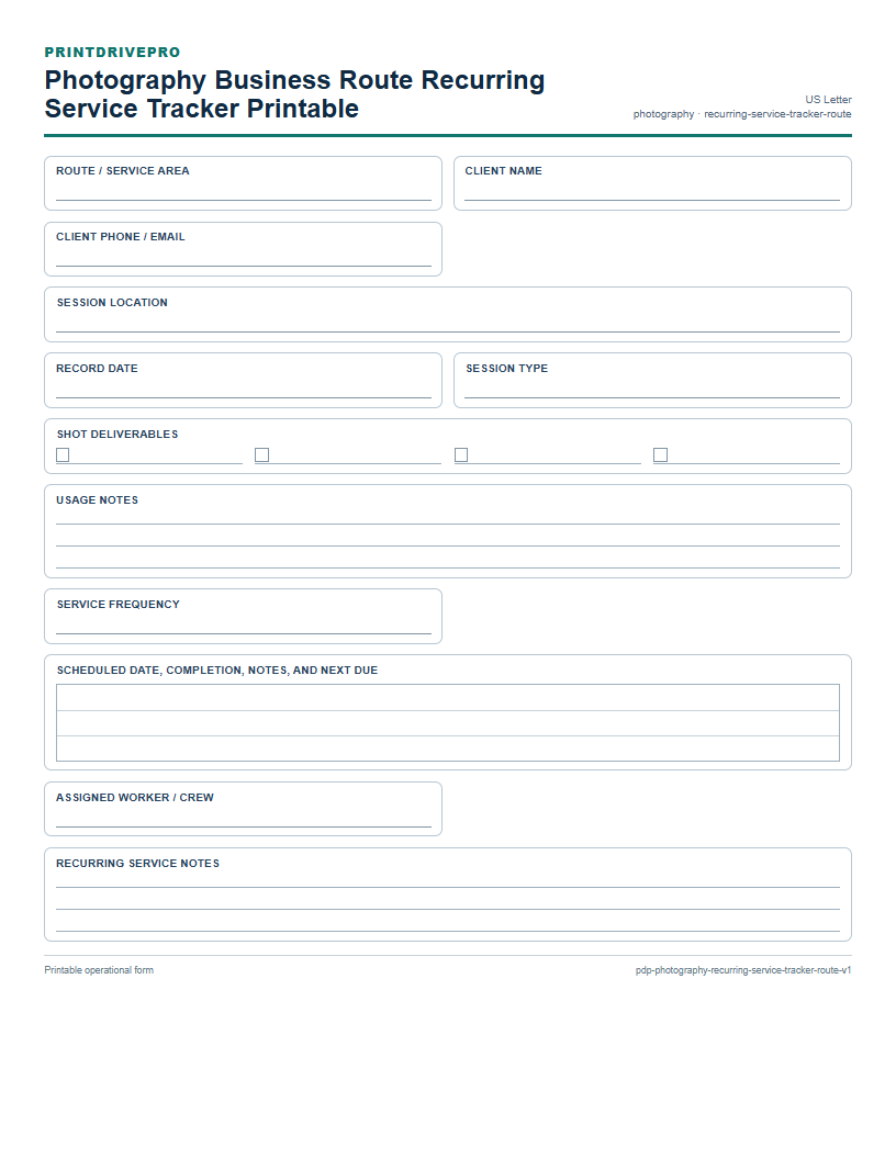 Photography Business Route Recurring Service Tracker Printable preview