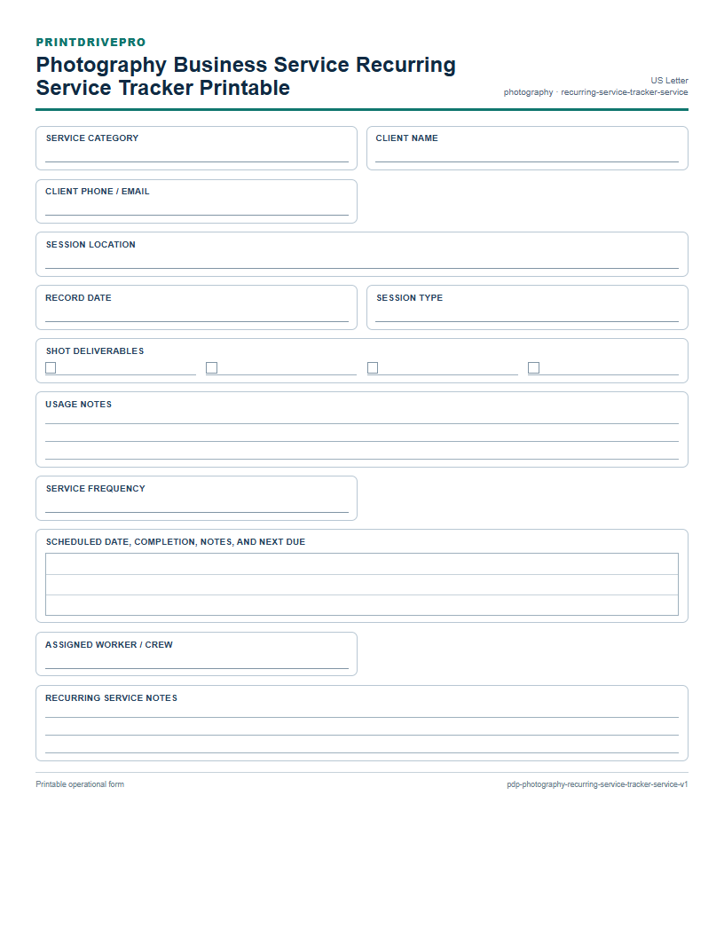 Photography Business Service Recurring Service Tracker Printable preview