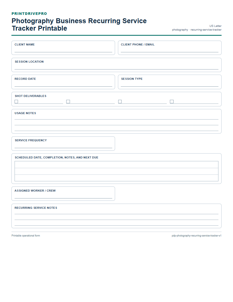 Photography Business Recurring Service Tracker Printable preview