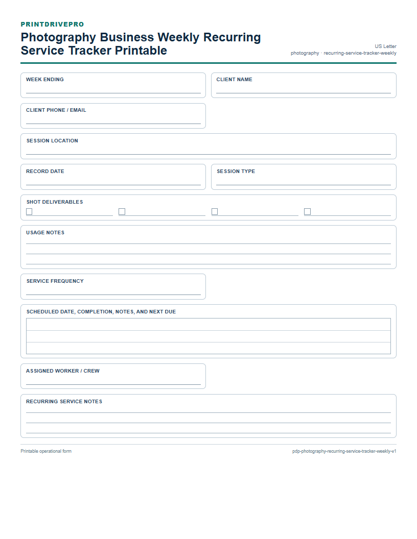 Photography Business Weekly Recurring Service Tracker Printable preview