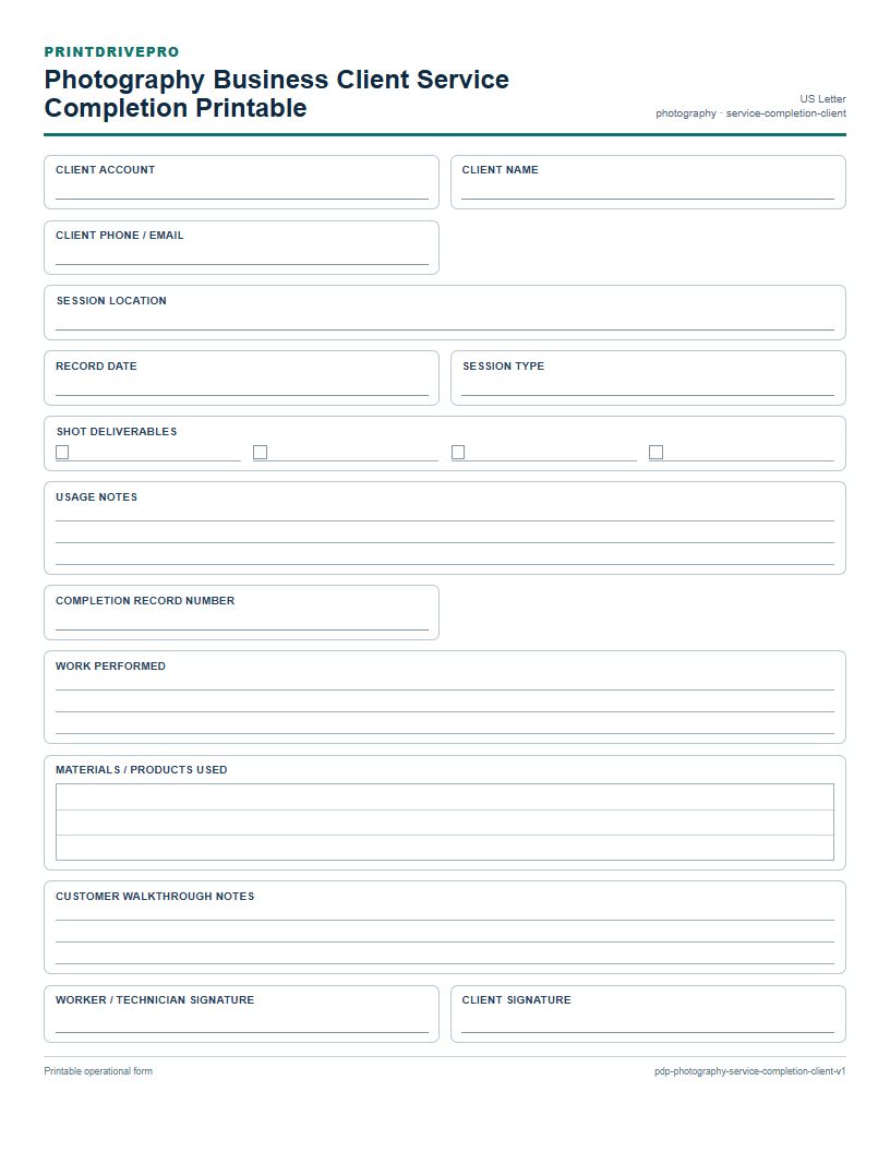 Photography Business Client Service Completion Printable preview