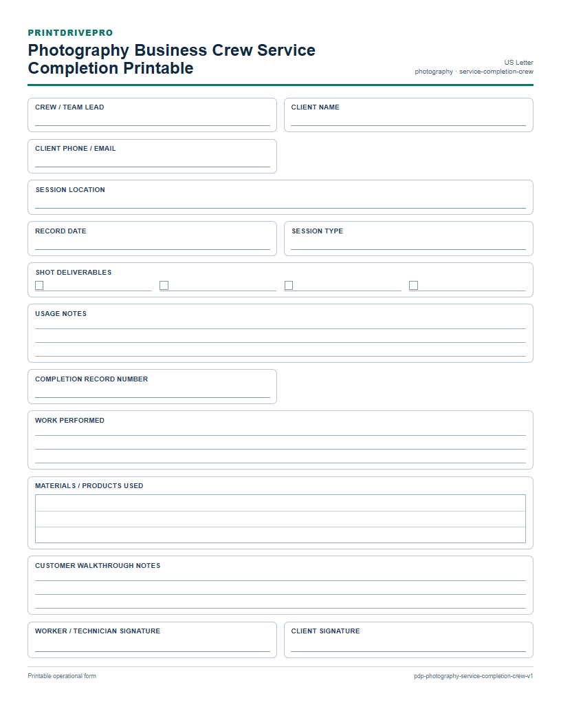 Photography Business Crew Service Completion Printable preview