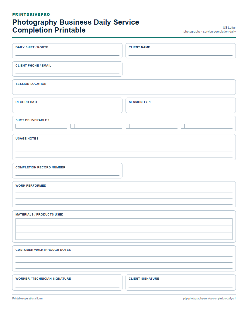 Photography Business Daily Service Completion Printable preview