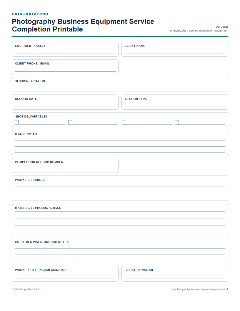 Photography Business Equipment Service Completion Printable preview