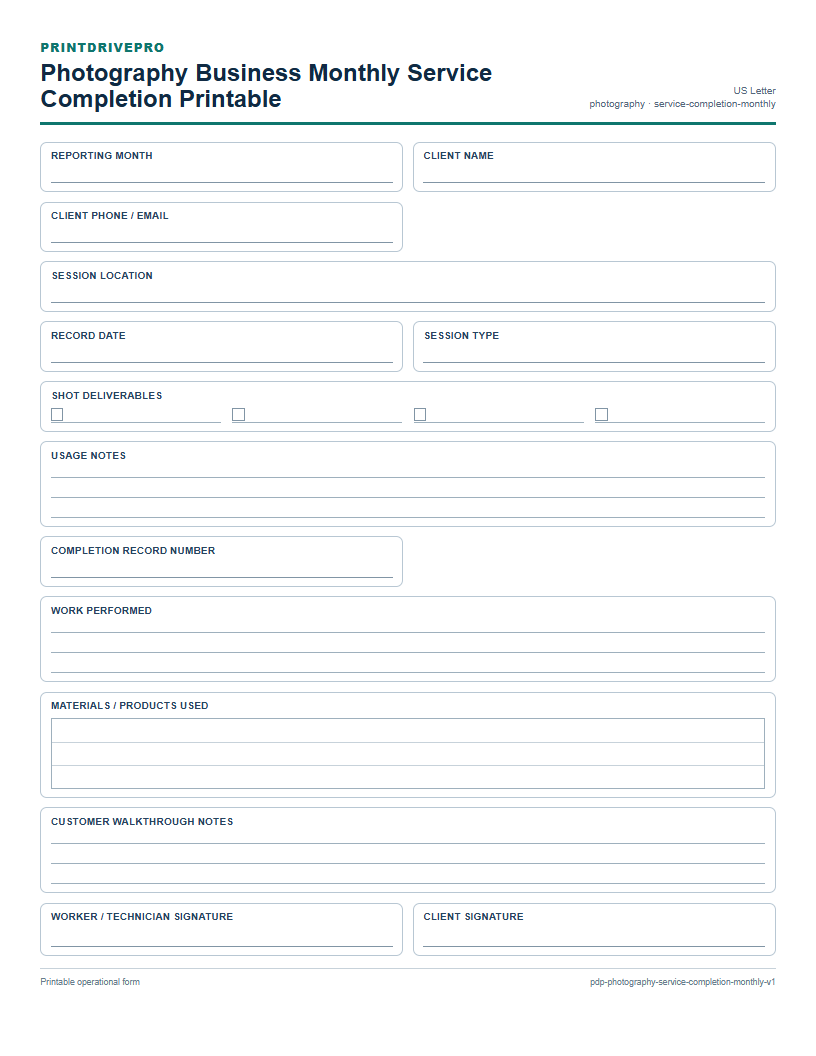 Photography Business Monthly Service Completion Printable preview