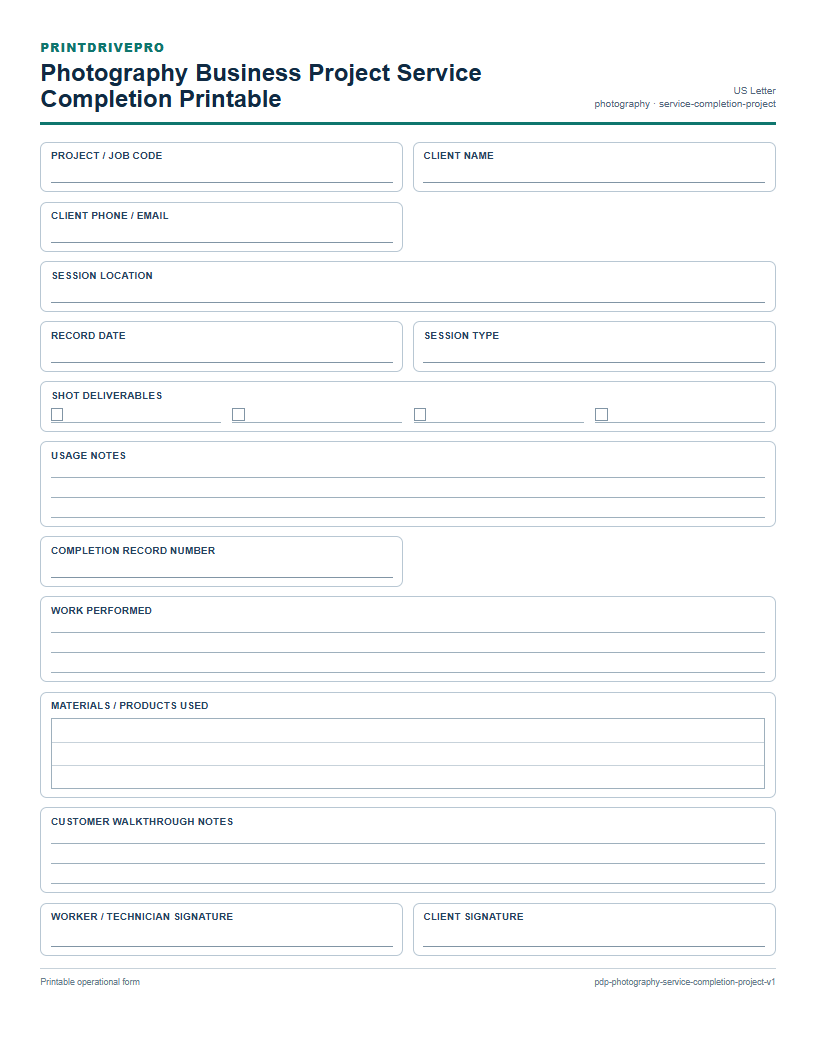 Photography Business Project Service Completion Printable preview