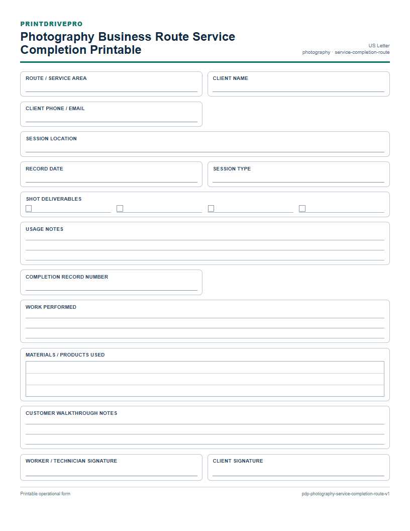 Photography Business Route Service Completion Printable preview