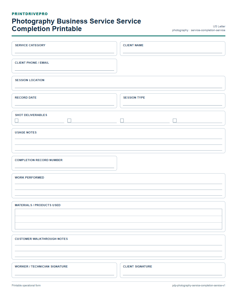 Photography Business Service Service Completion Printable preview