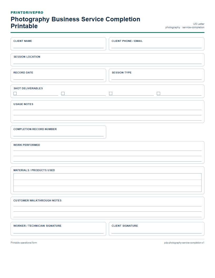 Photography Business Service Completion Printable preview