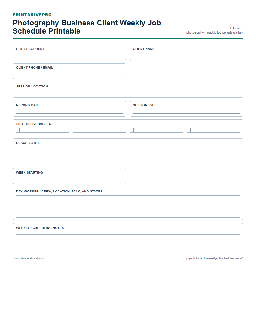 Photography Business Client Weekly Job Schedule Printable preview