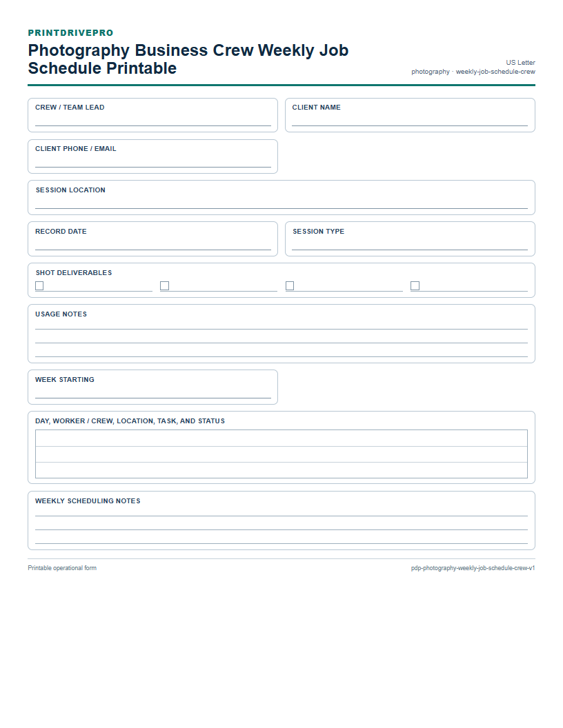 Photography Business Crew Weekly Job Schedule Printable preview