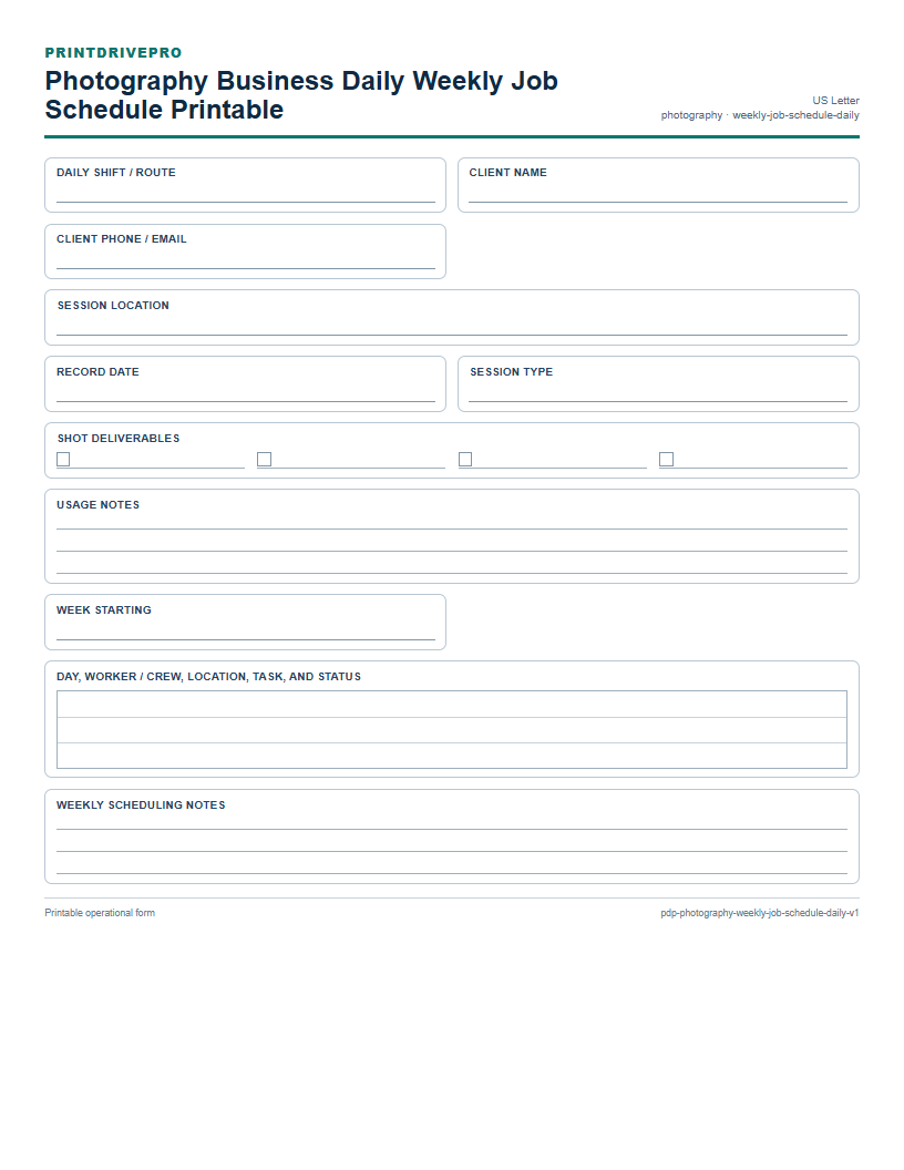 Photography Business Daily Weekly Job Schedule Printable preview
