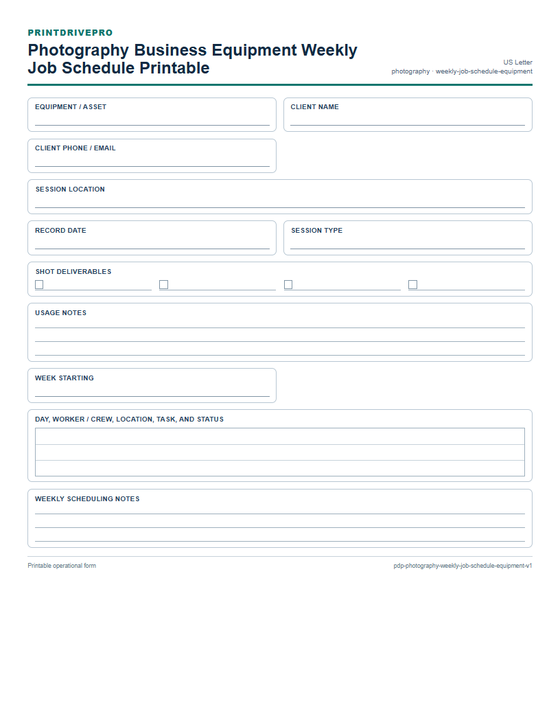 Photography Business Equipment Weekly Job Schedule Printable preview