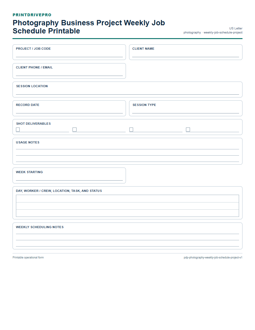 Photography Business Project Weekly Job Schedule Printable preview