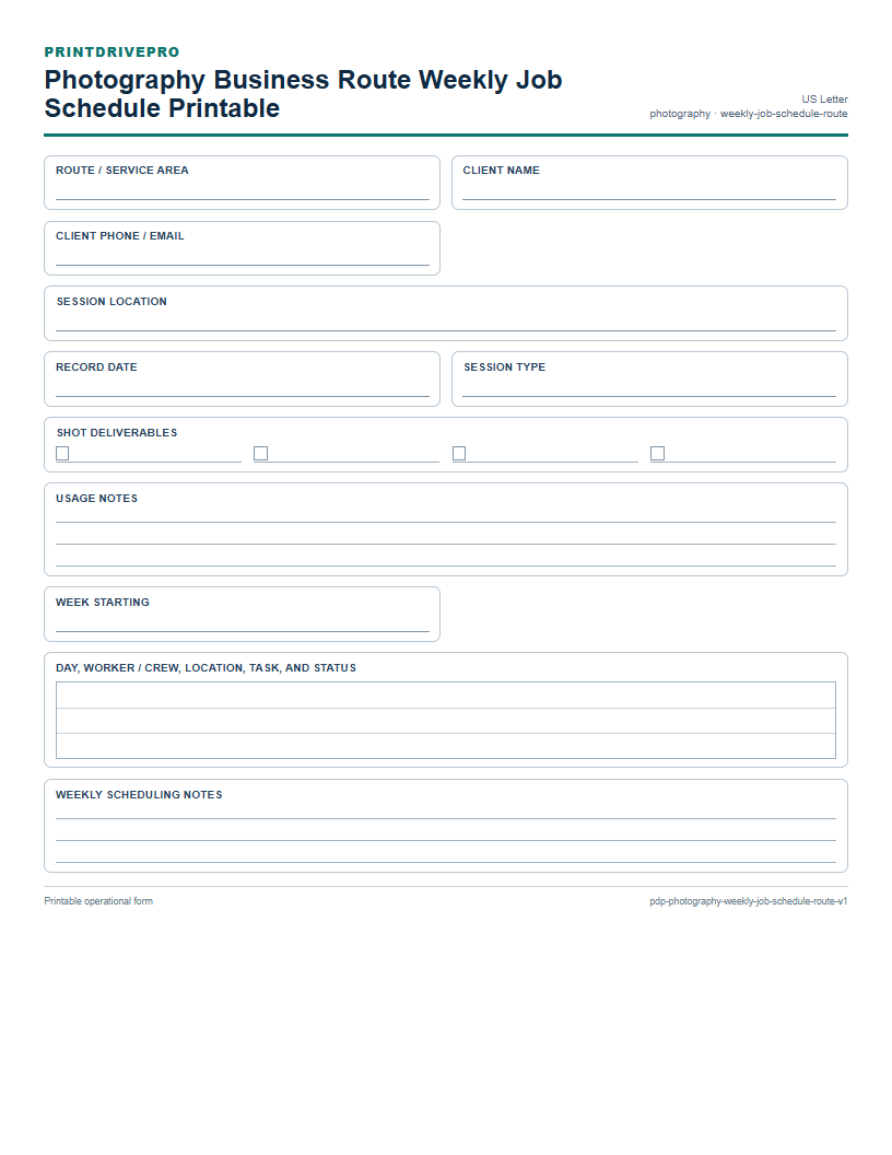 Photography Business Route Weekly Job Schedule Printable preview