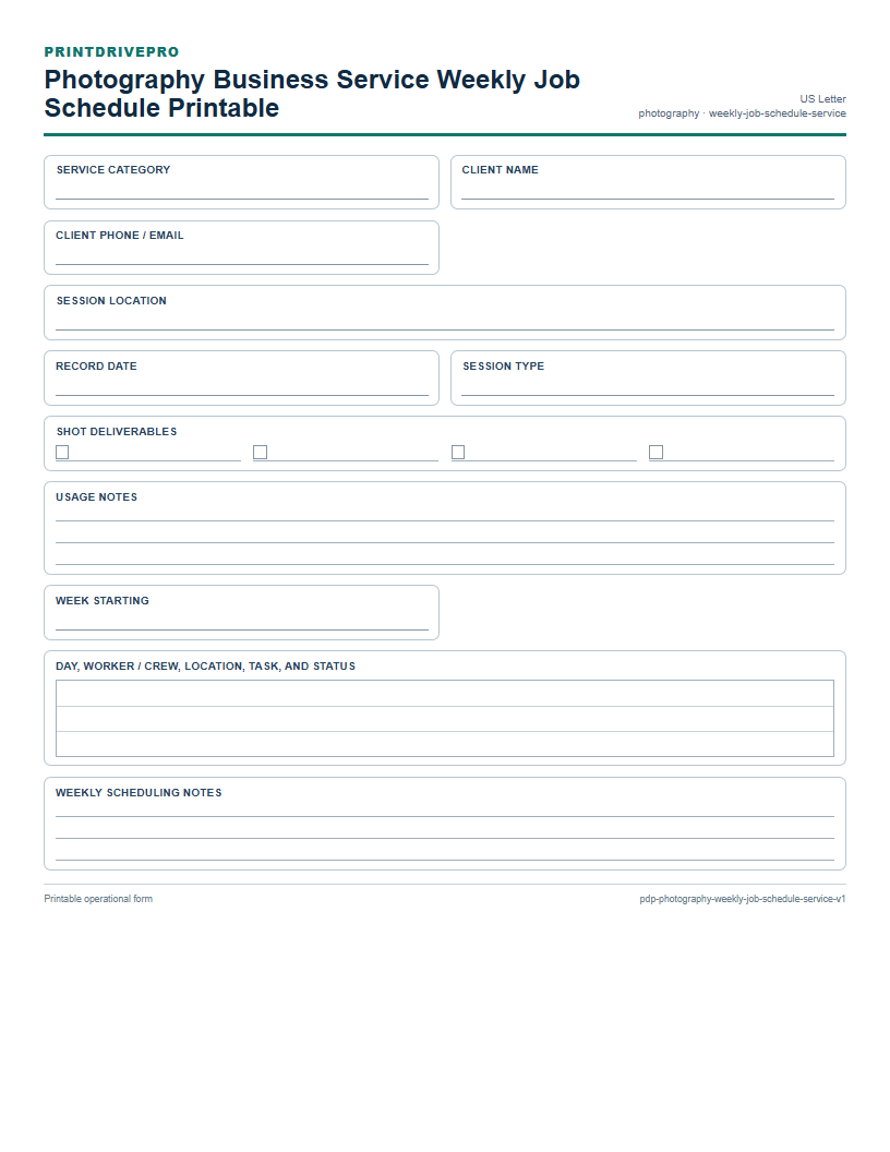 Photography Business Service Weekly Job Schedule Printable preview
