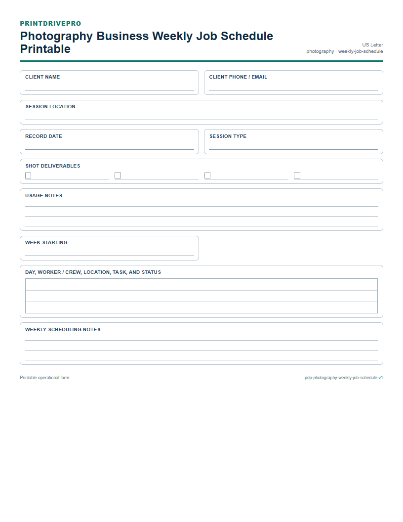 Photography Business Weekly Job Schedule Printable preview