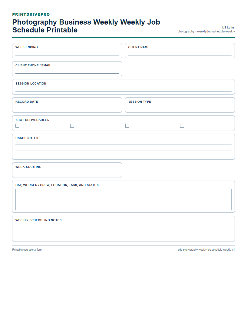 Photography Business Weekly Weekly Job Schedule Printable preview