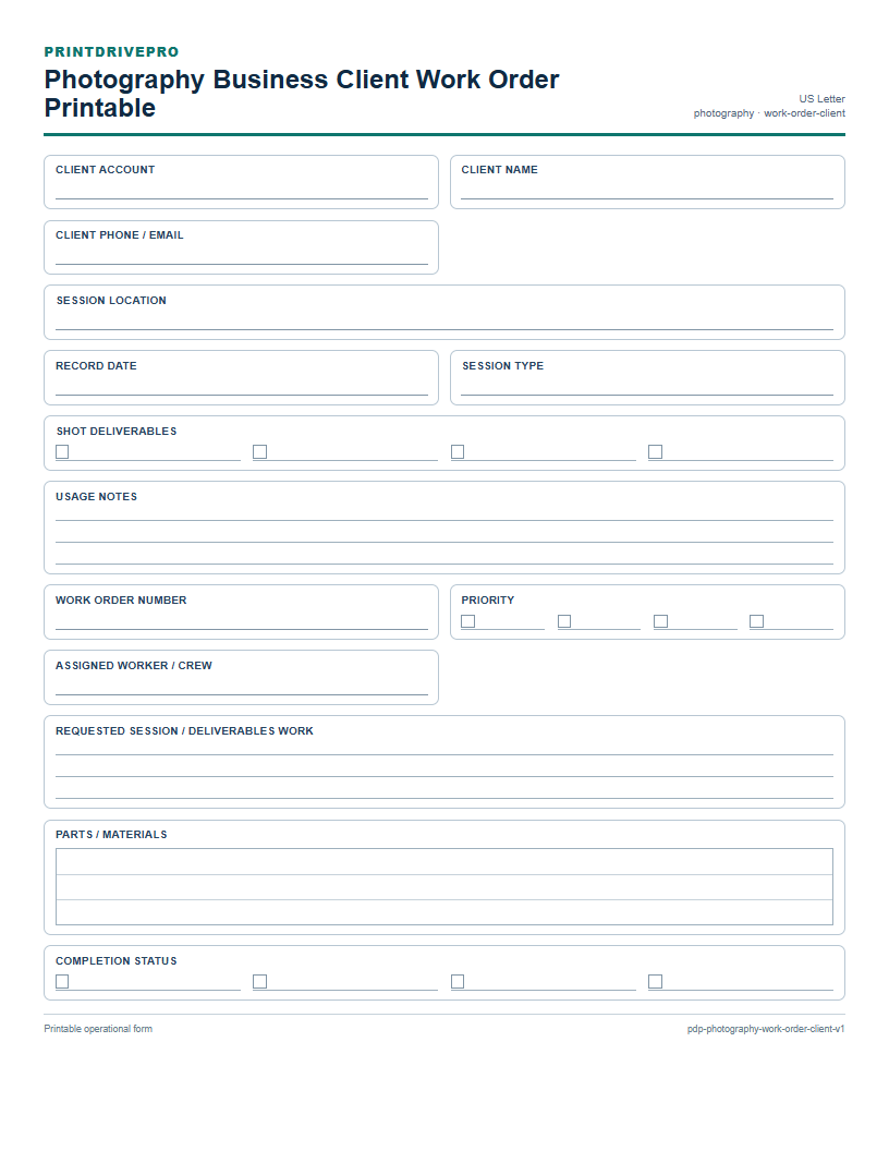 Photography Business Client Work Order Printable preview