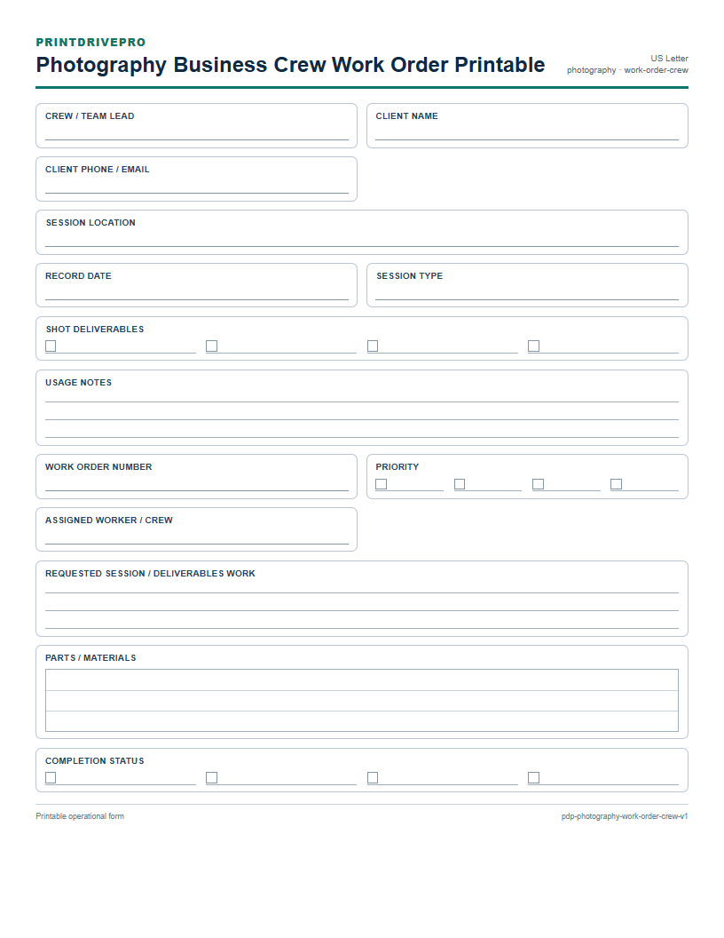 Photography Business Crew Work Order Printable preview
