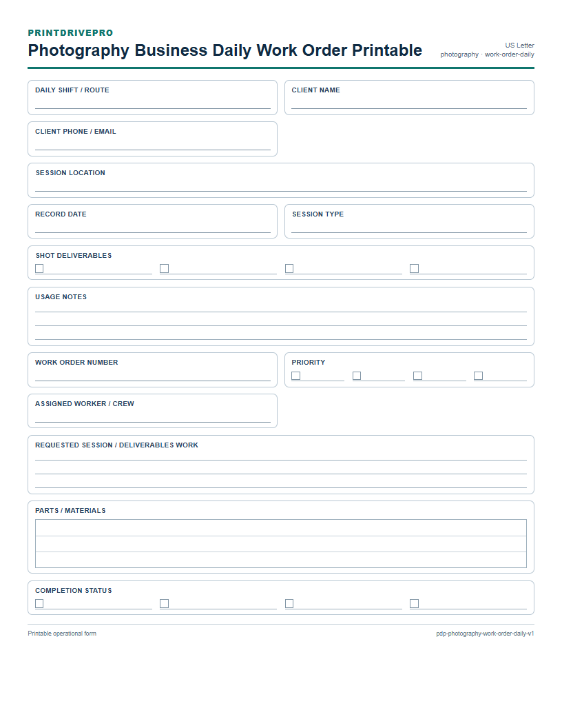 Photography Business Daily Work Order Printable preview