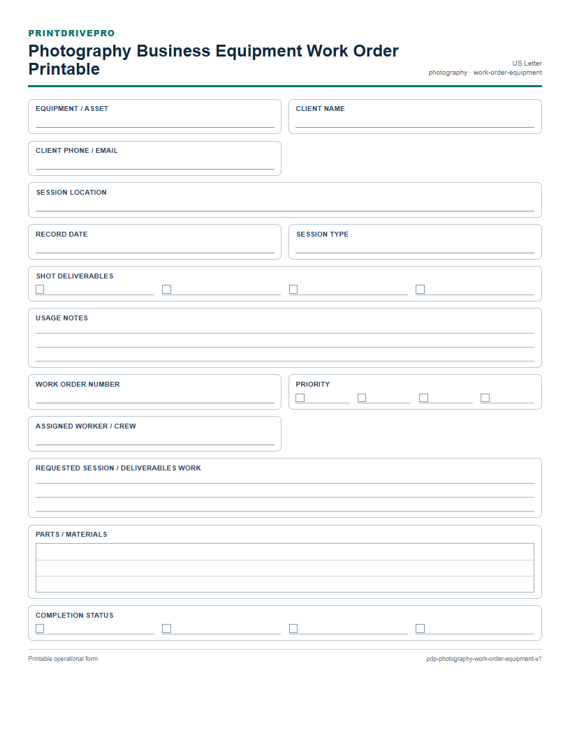Photography Business Equipment Work Order Printable preview