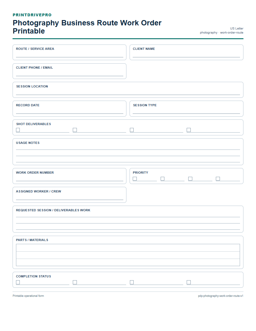 Photography Business Route Work Order Printable preview